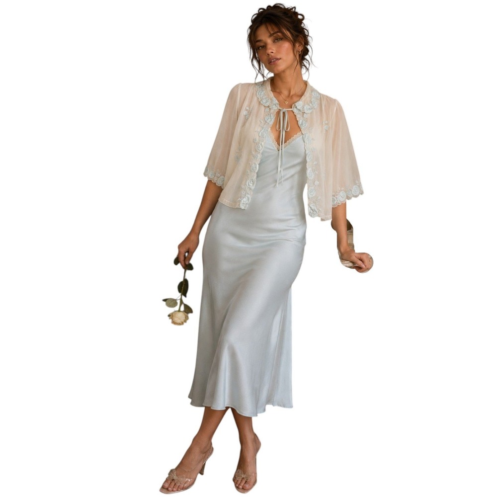 Odette Barsa Women's Bed Jacket Cream Blue Floral Embroidered Large
